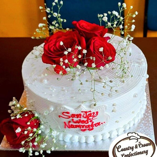 White Chocolate Truffle Celebration Cake Adorned with Fresh Roses -2lbs