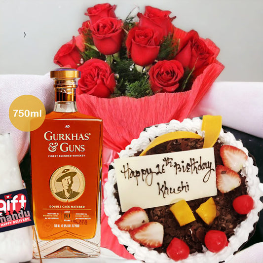 Exquisite Black Forest Cake with Whisky and Roses Bouquet