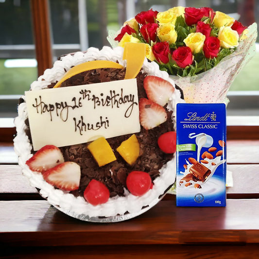 Swiss Classic Lindt Chocolate Paired with Delectable Cake & Elegant Rose Bouquet