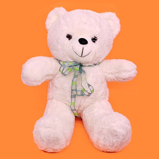 Cute Little Teddy Bear With Green Ribbon 15"- White Colour - Flowers to Nepal - FTN
